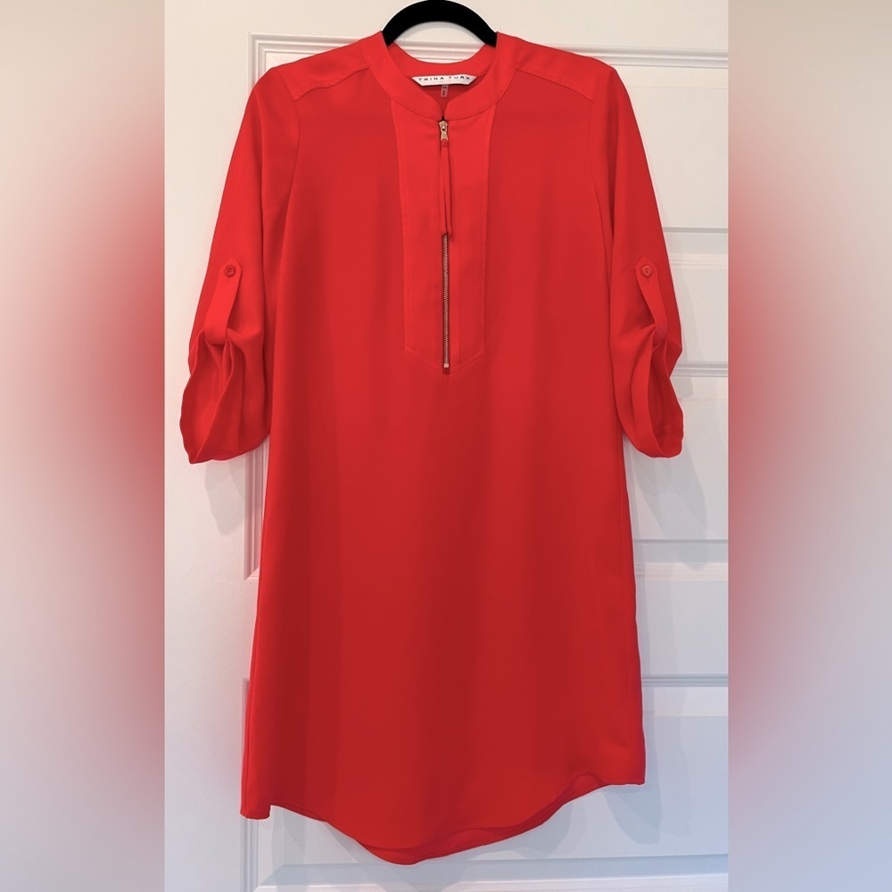 ⭐️SOLD⭐️ Women's Coral Red 3/4 Sleeve Tunic Dress with a Gold Zipper Size XS